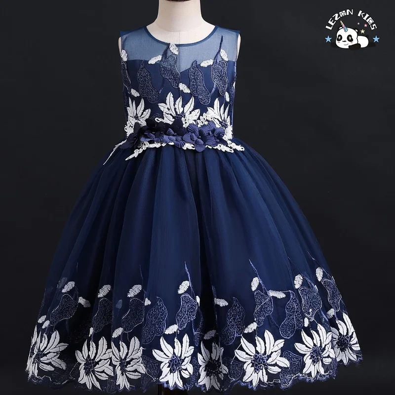 LEZONKIDS - Western style tailed girl wedding dress elegant crew neck baby girls dress design kid beaded dresses for girls of 10 year old